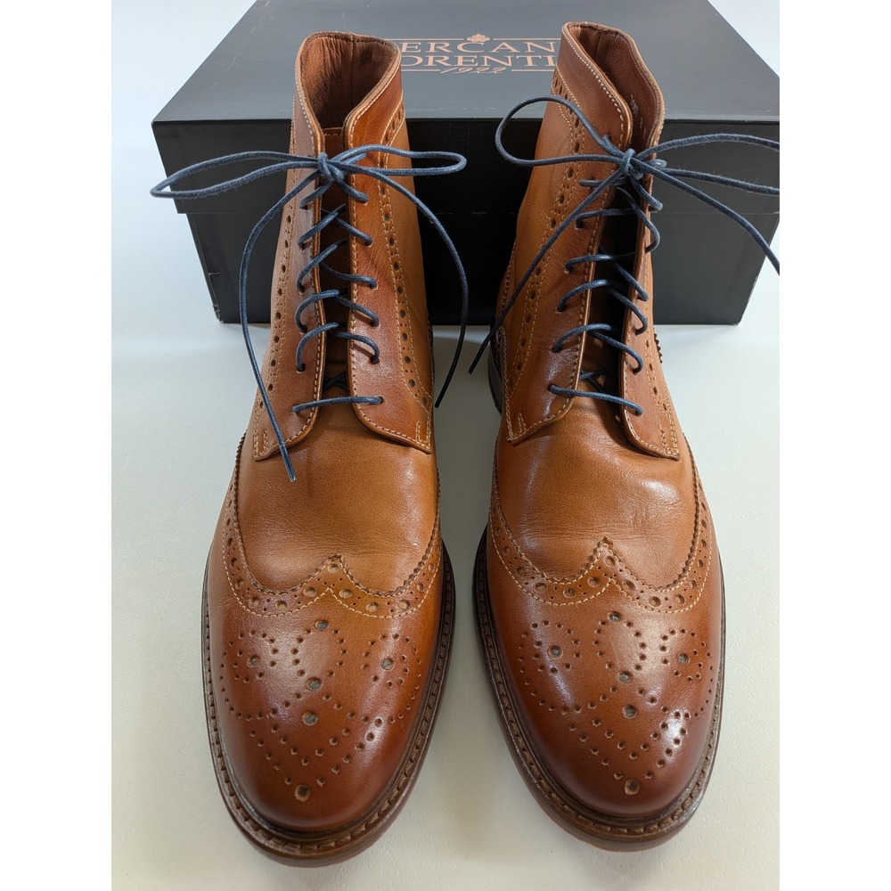 Mercanti Fiorentini Men's Cognac Leather Wingtip Brogue Boots S7067 Italy 8